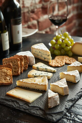 An enticing selection of gourmet cheeses arranged artfully on a slate platter, showcasing a variety of textures, flavors, and colors. 