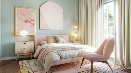 A chic bedroom with a pastel color scheme and a mid-century modern chair