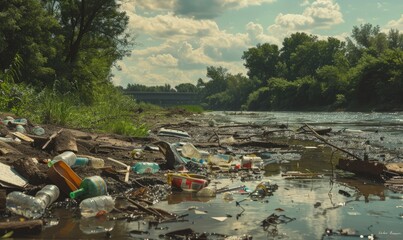 Plastic bottles and other trash floating in the mud on the bank of a river, concept of environmental pollution