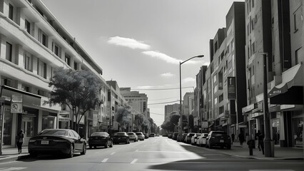 Black and white city street with parked cars