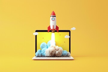 Laptop with a rocket coming out of the screen, startup, business, technology concept.