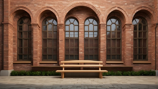 Wooden bench in front of brick building windows