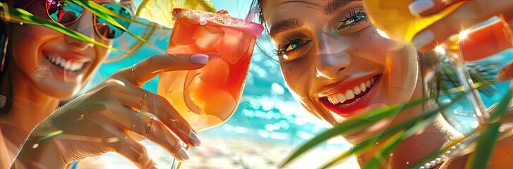 A cocktail in the hands of a girl on the beach. Selective focus.