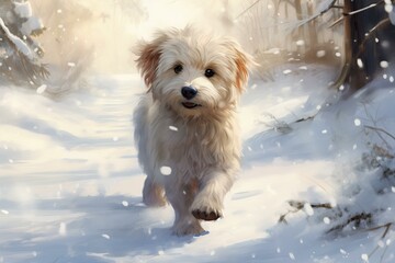 Joyful, fluffy dog runs through a serene, snow-covered landscape