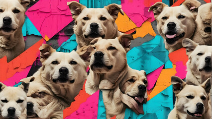 Colorful dog collage with geometric shapes