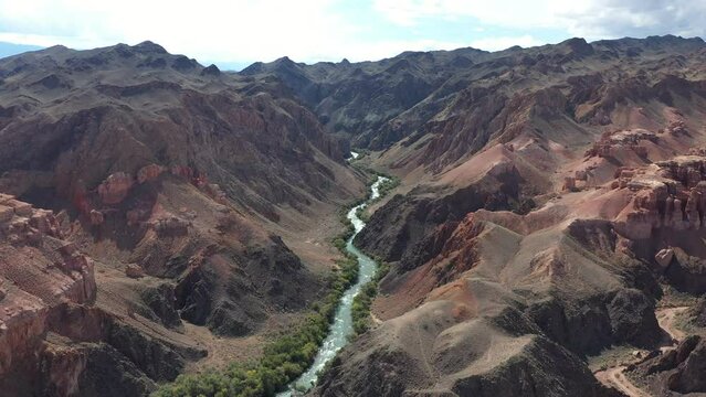 Charyn river in canyon. Beautiful oasis among rocky mountains. Nature of Kazakhstan Republic