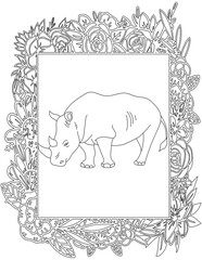 Rhino in A Floral Frame Coloring Page. Printable Coloring Worksheet for Kids. Educational Resources for School and Preschool.