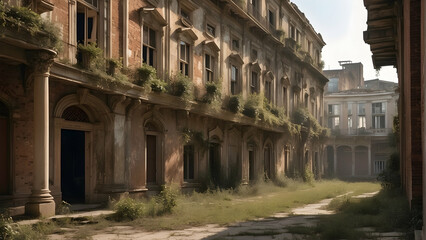 Obraz premium Abandoned historic building overgrown with plants