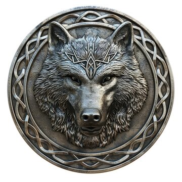 Silver round badge with wolf head in the center, logo, fantasy, white background.