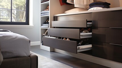 A contemporary bedroom with a sleek, built-in dresser and a hidden, retractable shoe rack