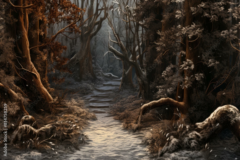 Poster magical twilight scene of a forest path with mystical trees and ethereal lighting