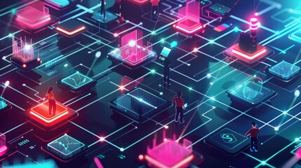 A scenario where digital agents patrol a network of blockchain nodes, ensuring compliance and security