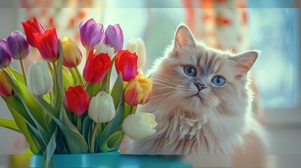 Cute Fluffy Cat Holds Bouquet of Tulips for Mother's Day