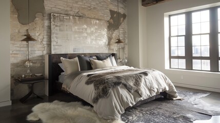 A contemporary bedroom with a statement-making headboard and a fur rug