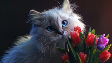 Cute Ragdoll Cat Holds Bouquet of Tulips for Mother's Day