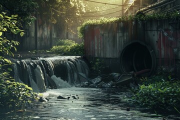 Wastewater flowing into the river through pipeline, municipal waste management, environmental pollution, sewage.