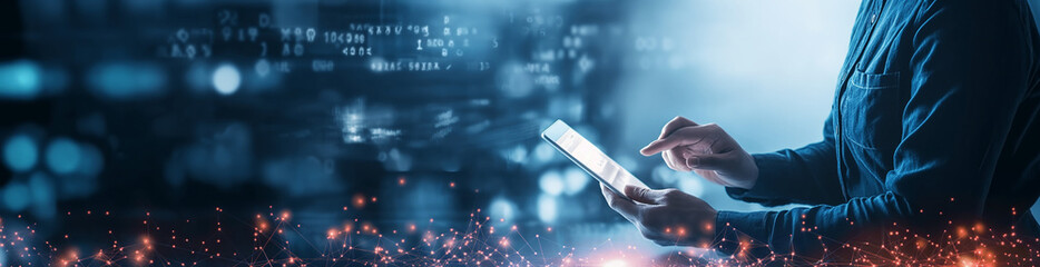 A businessman utilizing a digital tablet to manage customer data within a global business context. The image portrays the integration of data science and AI technology.