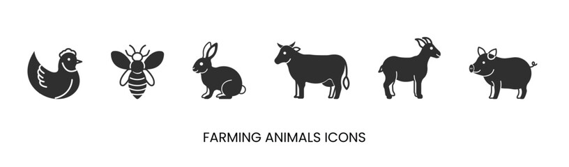 Vector chicken, bee, rabbit, cow, goat, pig, meat icons solid, farm animals. Trendy colors. Isolated on a white background. Editable stroke