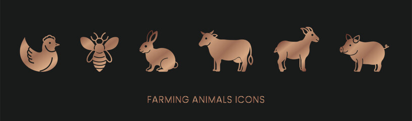 Vector chicken, bee, rabbit, cow, goat, pig, meat icons solid bronze style, farm animals. Trendy colors. Isolated on a white background. Editable stroke