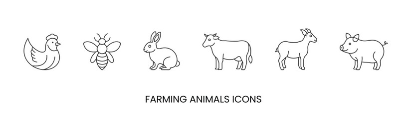 Vector chicken, bee, rabbit, cow, goat, pig, meat icons, farm animals. Trendy colors. Isolated on a white background. Editable stroke