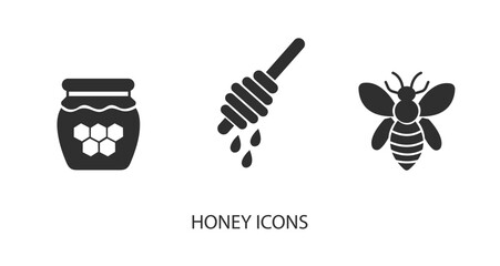 Vector honey stick icon, jar with honey icon, bee icon in solid, gradient and line styles. Trendy colors. Isolated on a white background. Editable stroke