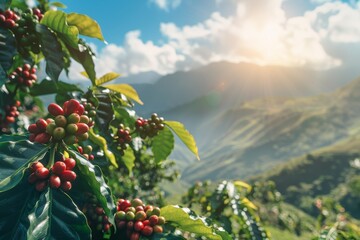 Coffee plant with red coffee beans on a tree in the mountains, closeup, blurred background, sunny day, blue sky and clouds, green mountain landscape. Commercial photo, soft light, high resolution.