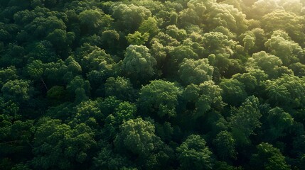 view from above of a green forest in the morning, green trees in the woods, summer forest, forest...
