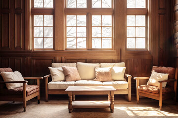 Fototapeta premium Grandpa Chic style. A living room with wooden paneling and large windows offering a view of snow-covered trees, soft, plush seating and a soothing palette of natural tones. Concept old-world charm