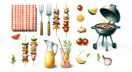 Colorful summer barbecue concept with assorted grilled kebabs, fresh ingredients, and picnic utensils, ideal for food-related graphics and the Fourth of July