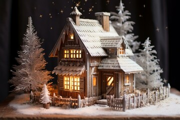 Miniature wooden cabin surrounded by snowy trees and glowing warmly with festive lights