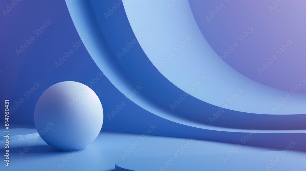 Poster an image featuring a white sphere with abstract blue curved shapes in the background, creating a min