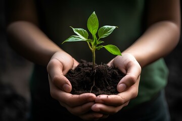 Hands holding a green plant seedling on a black background. A shoot of a young plant on the palms with a handful of earth. Concept: the power of growth, the roots of success