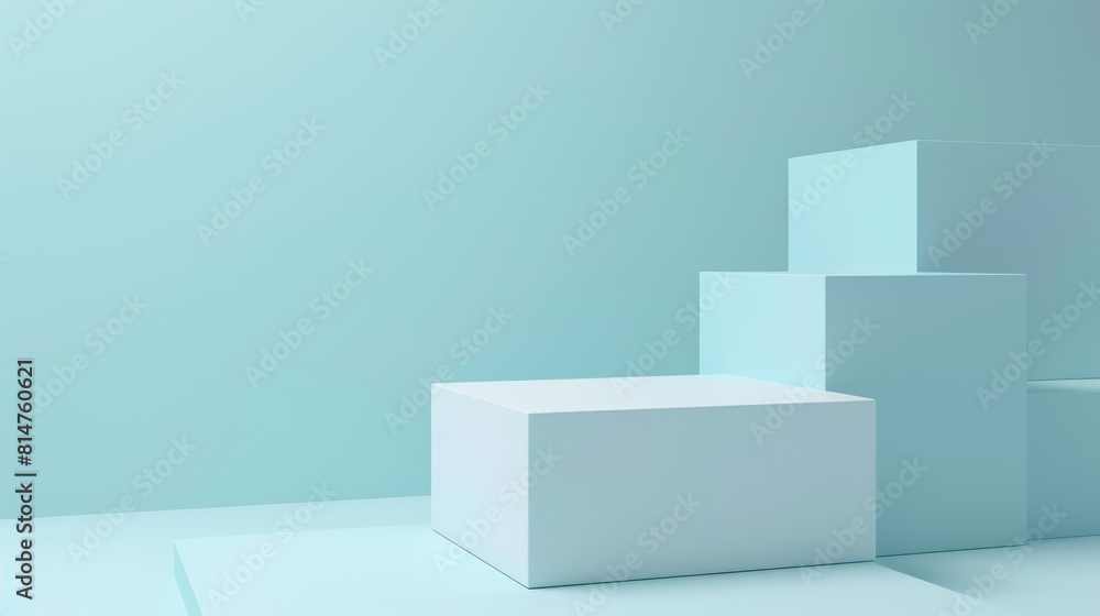 Poster an image of simple 3d geometric shapes with a soft blue background, showcasing a minimalist and mode