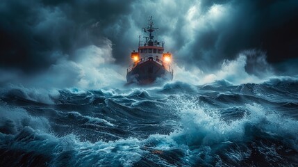 Vessel battles fierce storm under dark ominous clouds.