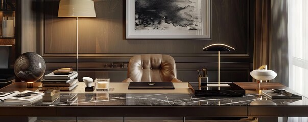 A sophisticated workspace with a marble top desk, designer desktop accessories, and a chic table lamp