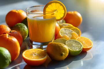 orange juice and fruits, A refreshing citrus vitamin juice is presented in a glass, surrounded by an array of fresh fruits, creating a vibrant and healthy drink
