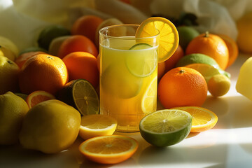 orange juice and fruits, A refreshing citrus vitamin juice is presented in a glass, surrounded by an array of fresh fruits, creating a vibrant and healthy drink