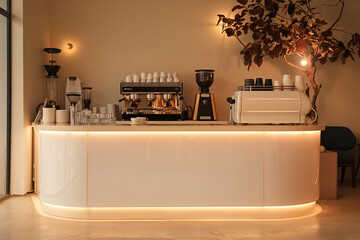 interior og coffee bar, A serene interior design of a cafe or coffee bar, exuding minimalist elegance with clean lines and warm tones