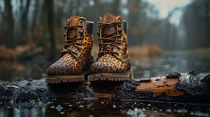 Leopard print ankle boots, poised on a weathered tree branch, capturing the essence of untamed wilderness and feline grace.