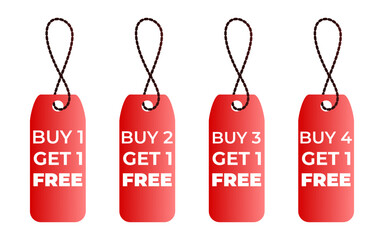 buy 1 get one free buy 2 get one free buy 3 get 1 free buy 4 get one free red label or price tag on white background.