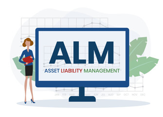 ALM, ASSET LIABILITY MANAGEMENT. Concept with keyword and icons. Flat vector illustration. Isolated on white.