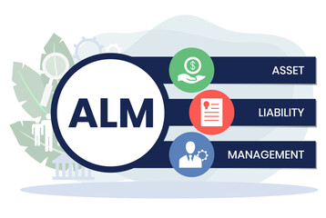 ALM, ASSET LIABILITY MANAGEMENT. Concept with keyword and icons. Flat vector illustration. Isolated on white.