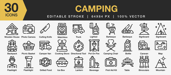 Set of 30 Camping icon sets. Editable Stroke Icon Collection. Includes cutting knife, matchbox, truck, backpack, picnic basket, camper van, and More. Outline icons vector collection.