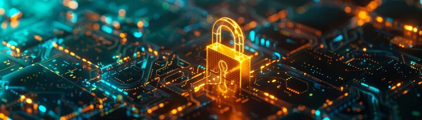 A surrealistic view of a giant golden digital lock securing a neon blockchain, symbolizing the security of smart contracts