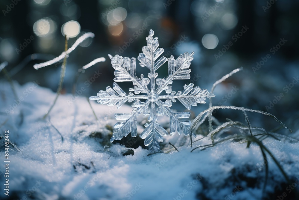 Poster close-up of a delicate crystal snowflake sparkling on a snowy forest floor, with bokeh lights