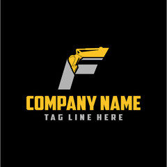 Letter F excavator logo template vector. Heavy equipment logo vector for construction company. Creative excavator illustration for logo template.	