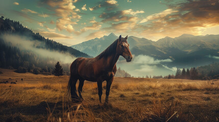Stunning horse in foggy mountain landscape at sunrise