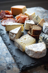 An enticing selection of gourmet cheeses arranged artfully on a slate platter, showcasing a variety of textures, flavors, and colors. 