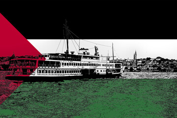 Fototapeta premium Palestine flag with Istanbul city, Bosphorus view, Turkish culture and language, vacation in 