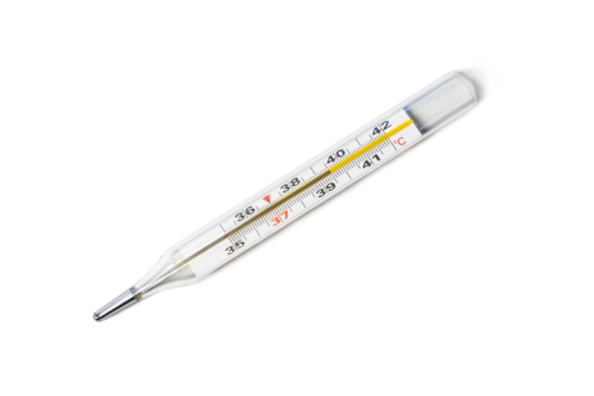 Mercury-in-glass thermometer with temperature mark 39,5 isolated on transparent background flat lay png